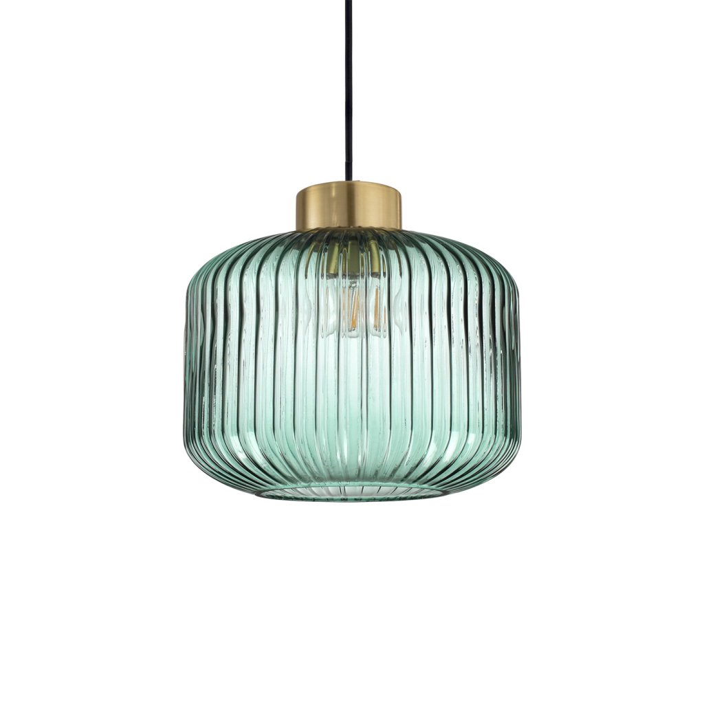 Suspension HANOI monture en métal avec finition en laiton et pavillon noir mat - Diffuseur verre soufflé vert- Ø 24cm