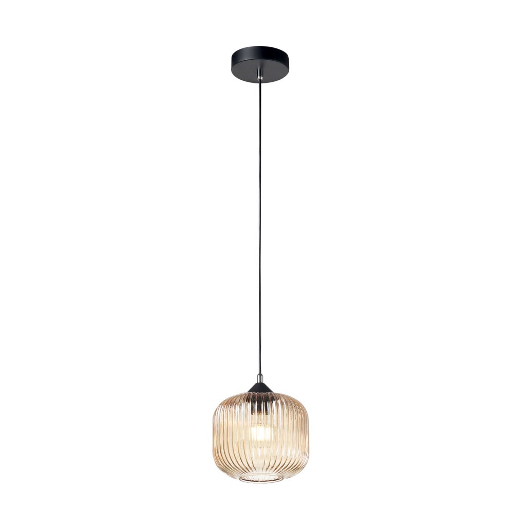 Suspension HOCHI-Monture en métal noir-Diffuseur en verre soufflé ambre