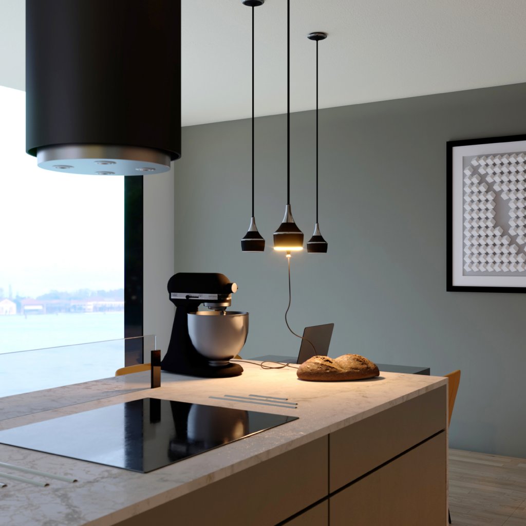 Suspension prise MERCURY incluant un éclairage LED équipé d'un interrupteur tactile avec variateur d'intensité (8W / 210lm - 4000k) - finition noir mat - collerette chrome noir - hauteur de câble réglable - 16A - 230V - 2P+T