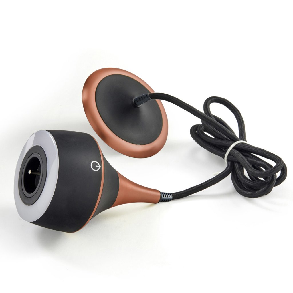 Suspension prise MERCURY incluant un éclairage LED équipé d'un interrupteur tactile avec variateur d'intensité (8W / 210lm - 4000k) - finition noir mat - collerette cuivre mat - hauteur de câble réglable - 16A - 230V - 2P+T