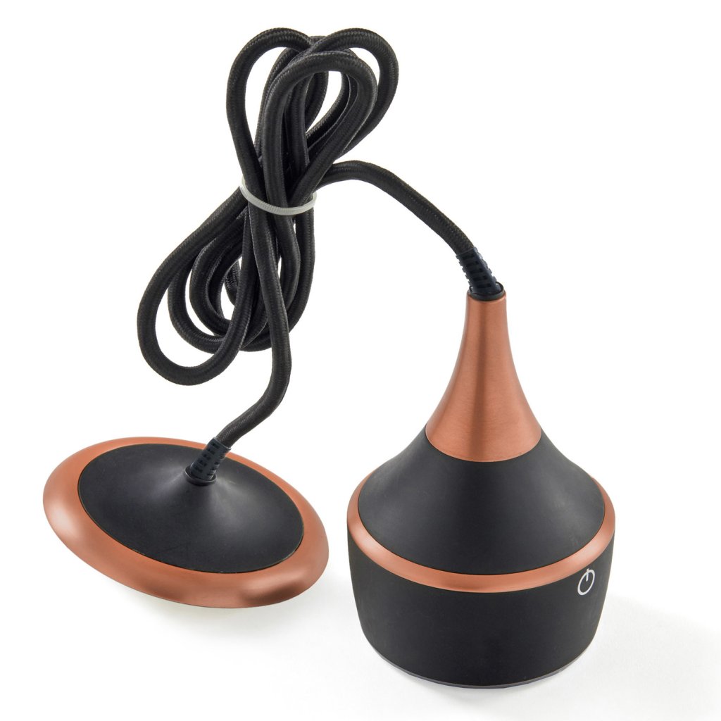 Suspension prise MERCURY incluant un éclairage LED équipé d'un interrupteur tactile avec variateur d'intensité (8W / 210lm - 4000k) - finition noir mat - collerette cuivre mat - hauteur de câble réglable - 16A - 230V - 2P+T