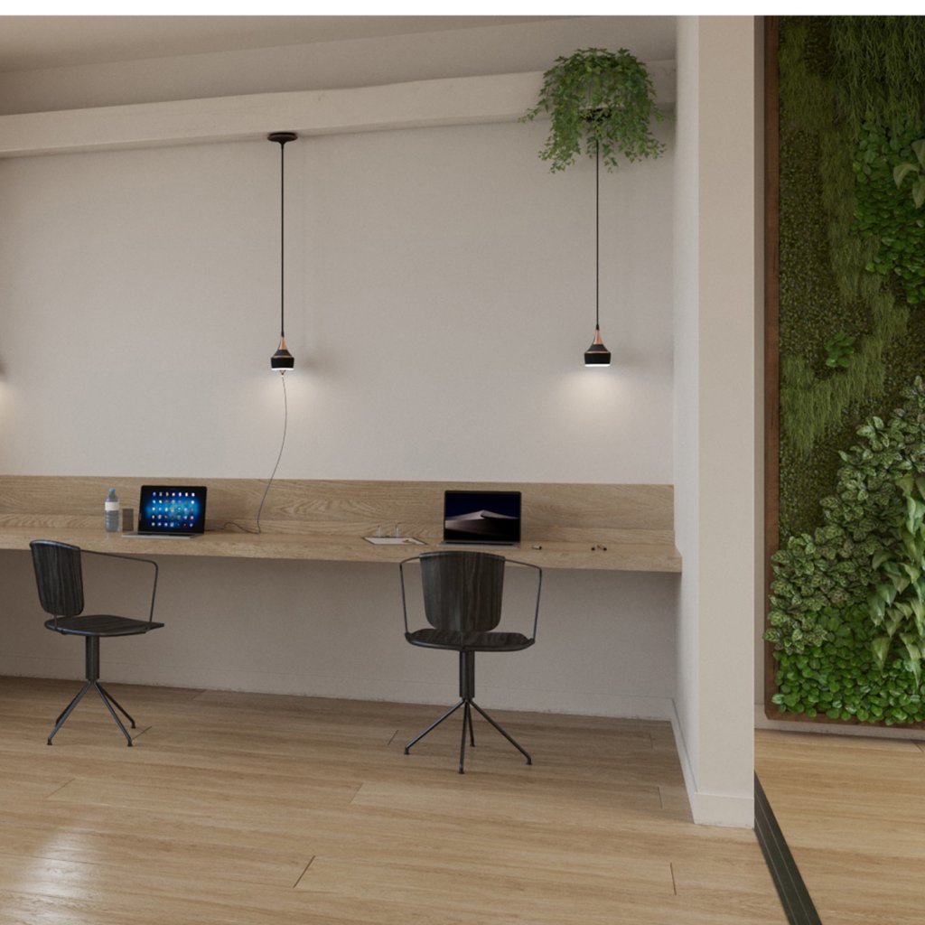 Suspension prise MERCURY incluant un éclairage LED équipé d'un interrupteur tactile avec variateur d'intensité (8W / 210lm - 4000k) - finition noir mat - collerette cuivre mat - hauteur de câble réglable - 16A - 230V - 2P+T