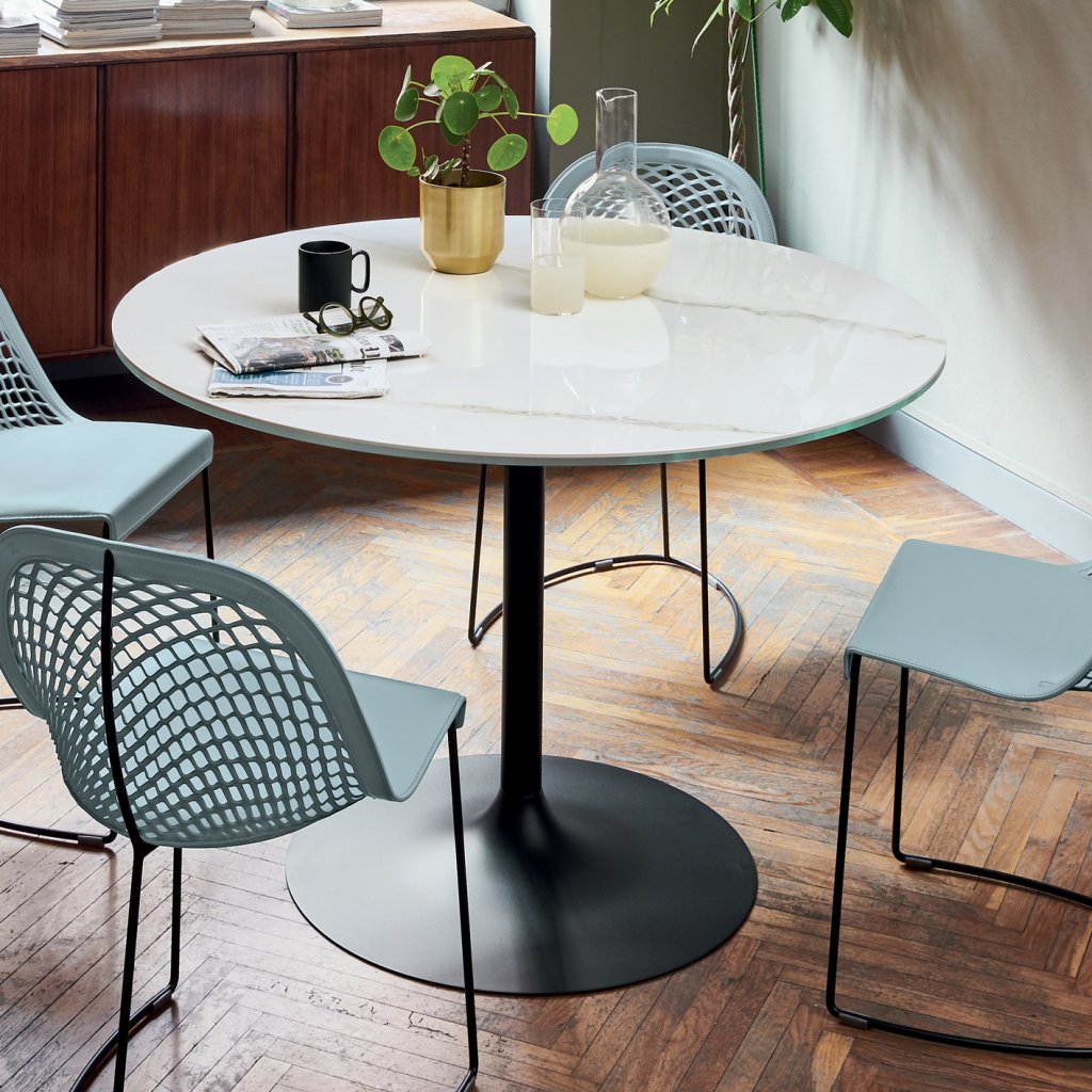 Table ronde ROSA cristal céramique marbre blanc brillant, structure noire-diamètre plateau 100cm