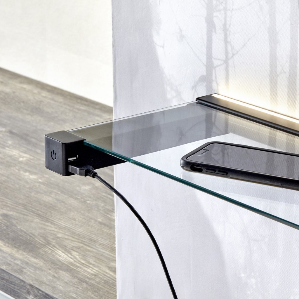 Tablette lumineuse HORIZON avec éclairage led décoratif incluant 2 prises USB 5V-convertisseur intégré