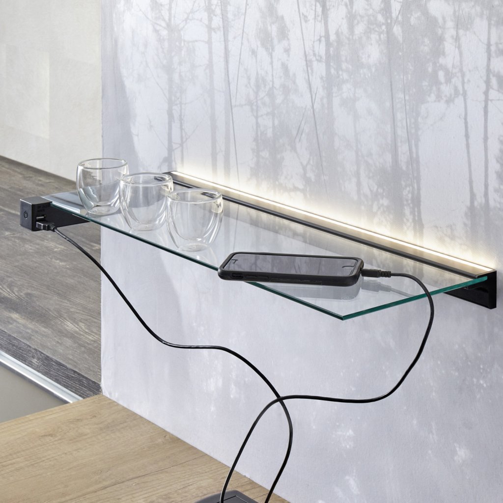 Tablette lumineuse HORIZON avec éclairage led décoratif incluant 2 prises USB 5V-convertisseur intégré