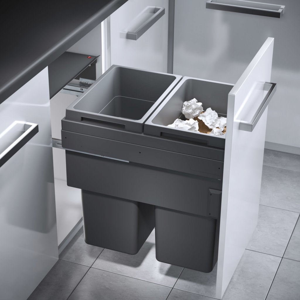 Poubelle pour meuble de 450mm composée de 2 bacs avec couvercles : 2 x 38L - gris orion - H. 545mm - ouverture manuelle avec système SOFT