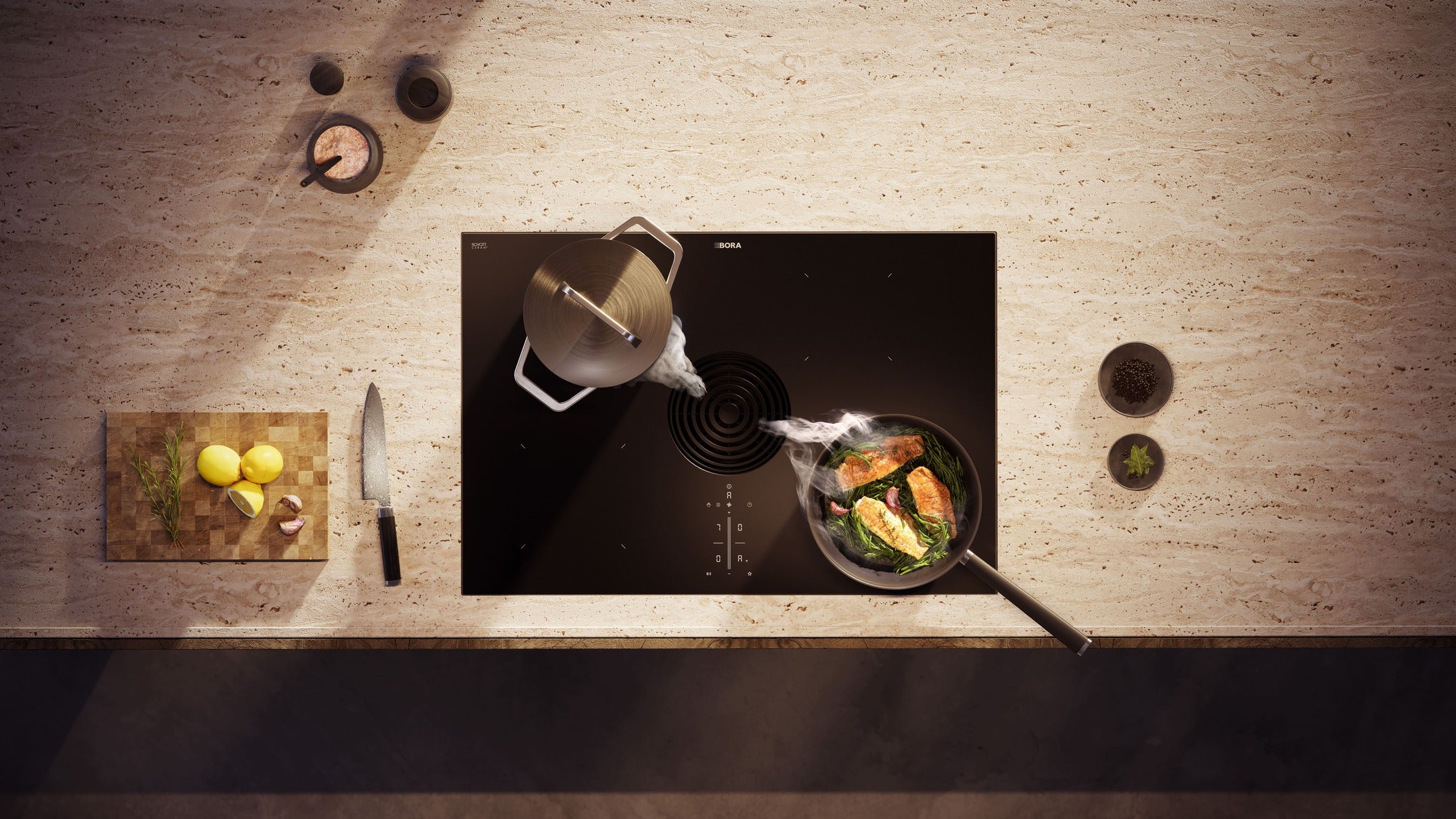 PURE - Table de cuisson induction avec dispositif aspirant et Bora Assist (évacuation d'air) verre brillant