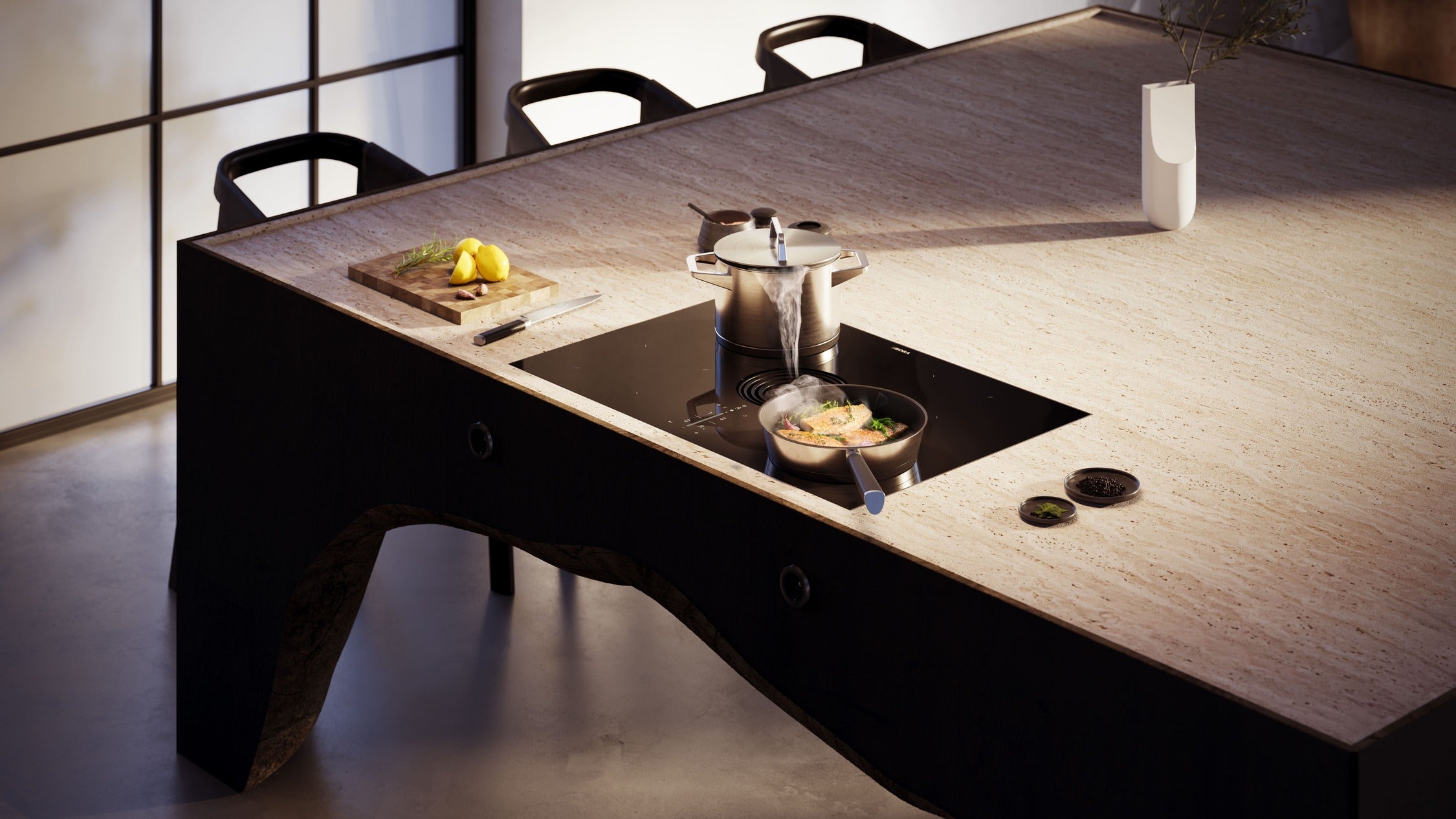 PURE - Table de cuisson induction avec dispositif aspirant et Bora Assist (évacuation d'air) verre mat