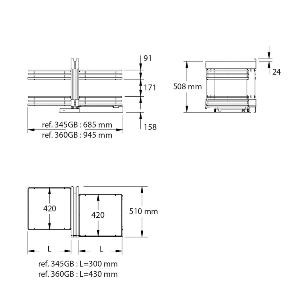 Aménagement de meuble d'angle réversible composé de 4 paniers en fil elliptique et fond bois pour meuble de 900mm - finition gris orion - profondeur 510mm - porte de 450mm minimum