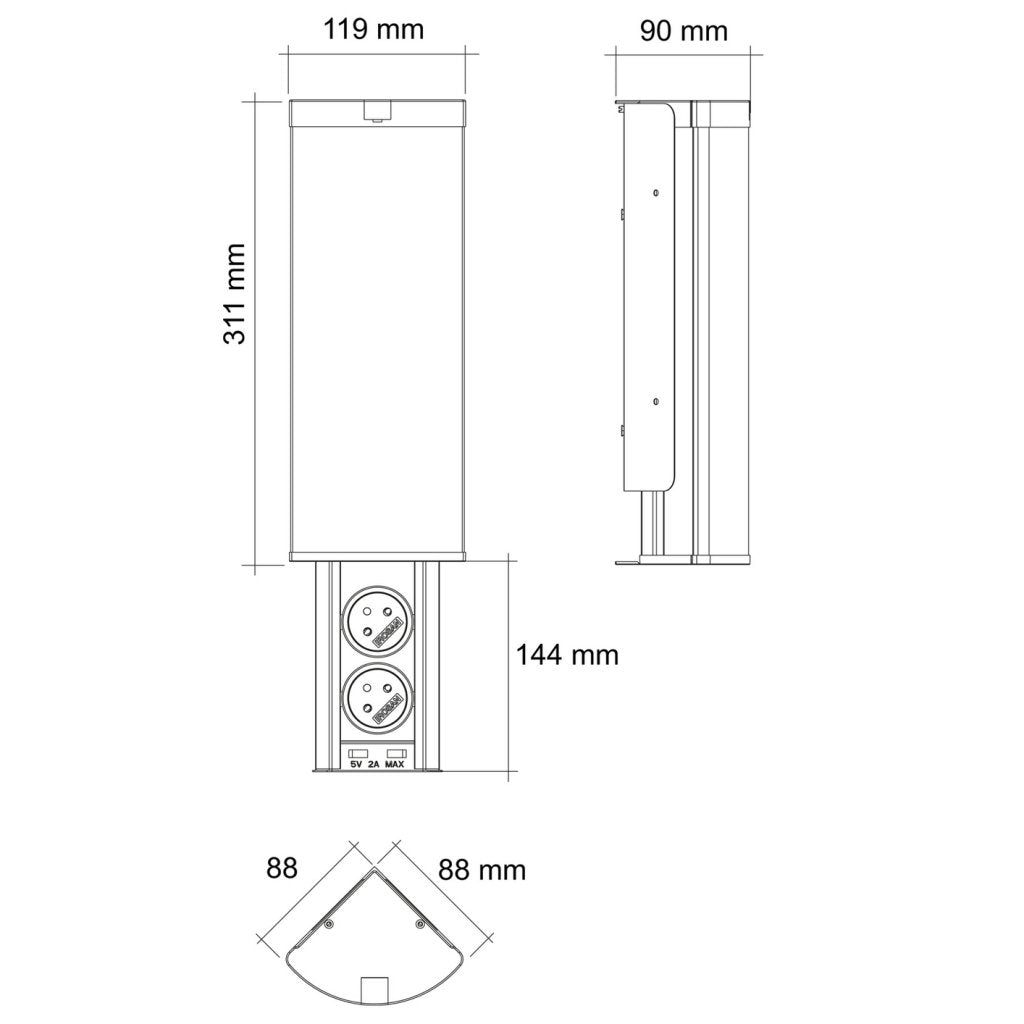 Bloc 2 prises + 2 USB (2A - 5V) SMART à installer horizontalement ou verticalement dans un angle - finition noir anodisé - 16A - 230V - 2P+T