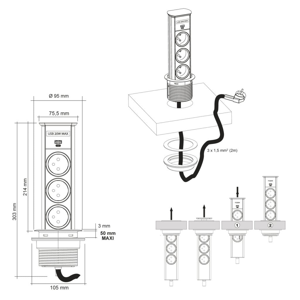 Bloc 3 Prises + USB-A + USB-C BRICK rétractable - inox brossé