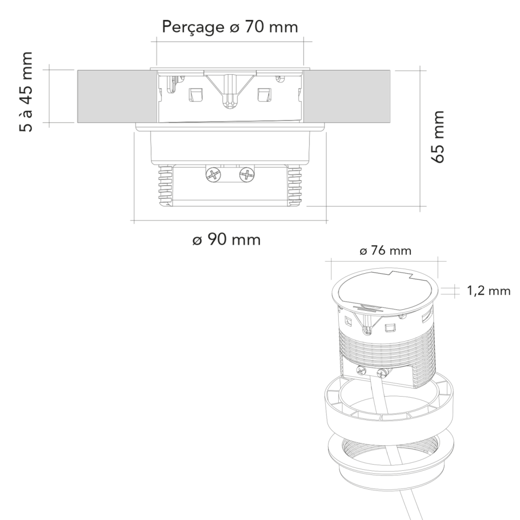 Bloc prise + USB (1A - 5V) affleurant DISC avec clapet à encastrer dans un plan de travail de 5 à 45mm - finition noir mat (RAL 9005) - 16A - 230V - 2P+T