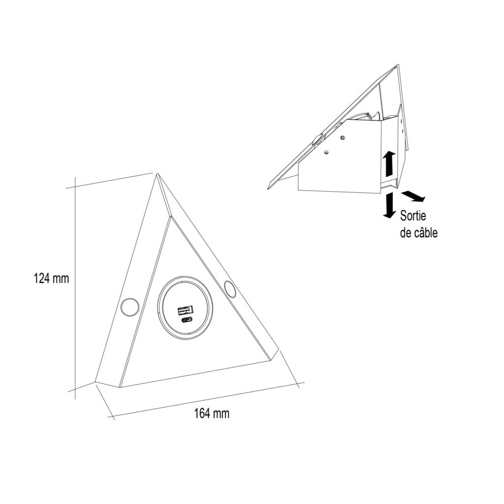 Bloc triangulaire d'angle - finition noir - 1 prise 16A - 230V - 2P+T + USB-A + USB-C