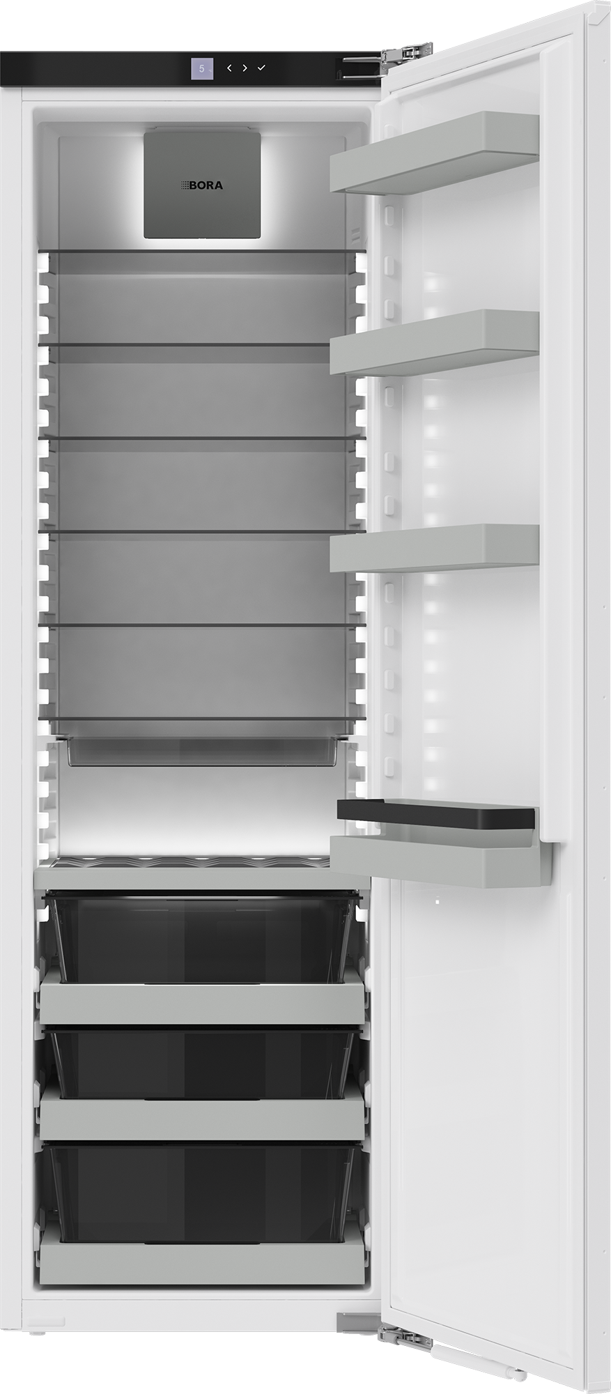 Intérieur du réfrigérateur BORA Cool C178K : clayettes en verre et bacs BORA Fresh zero