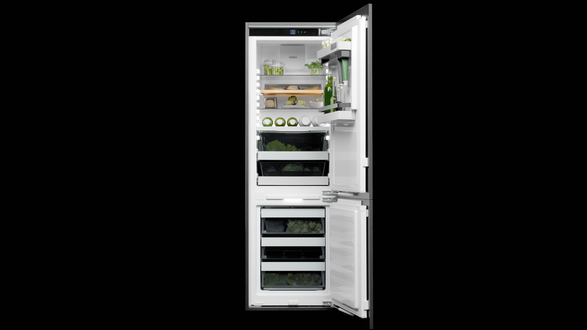 Réfrigérateur-congélateur BORA Cool Combi ouvert, rempli d’aliments frais