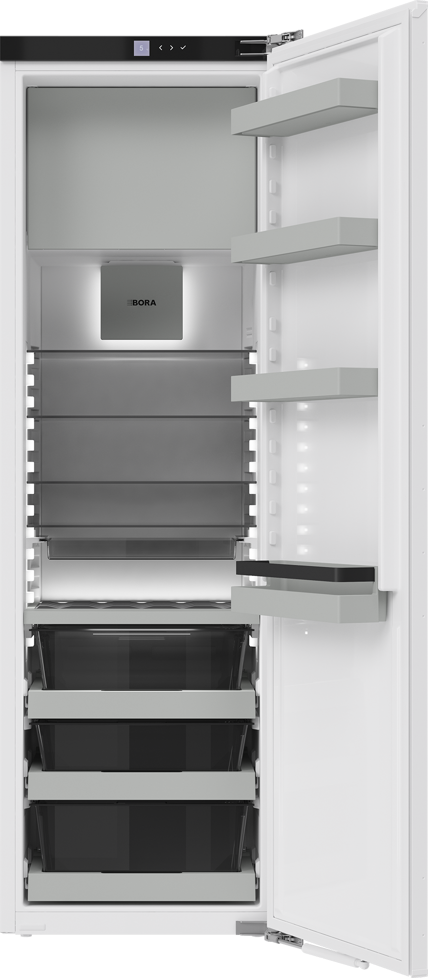Intérieur du BORA Cool C178KGF : compartiment de congélation en haut, clayettes et bacs Fresh zero