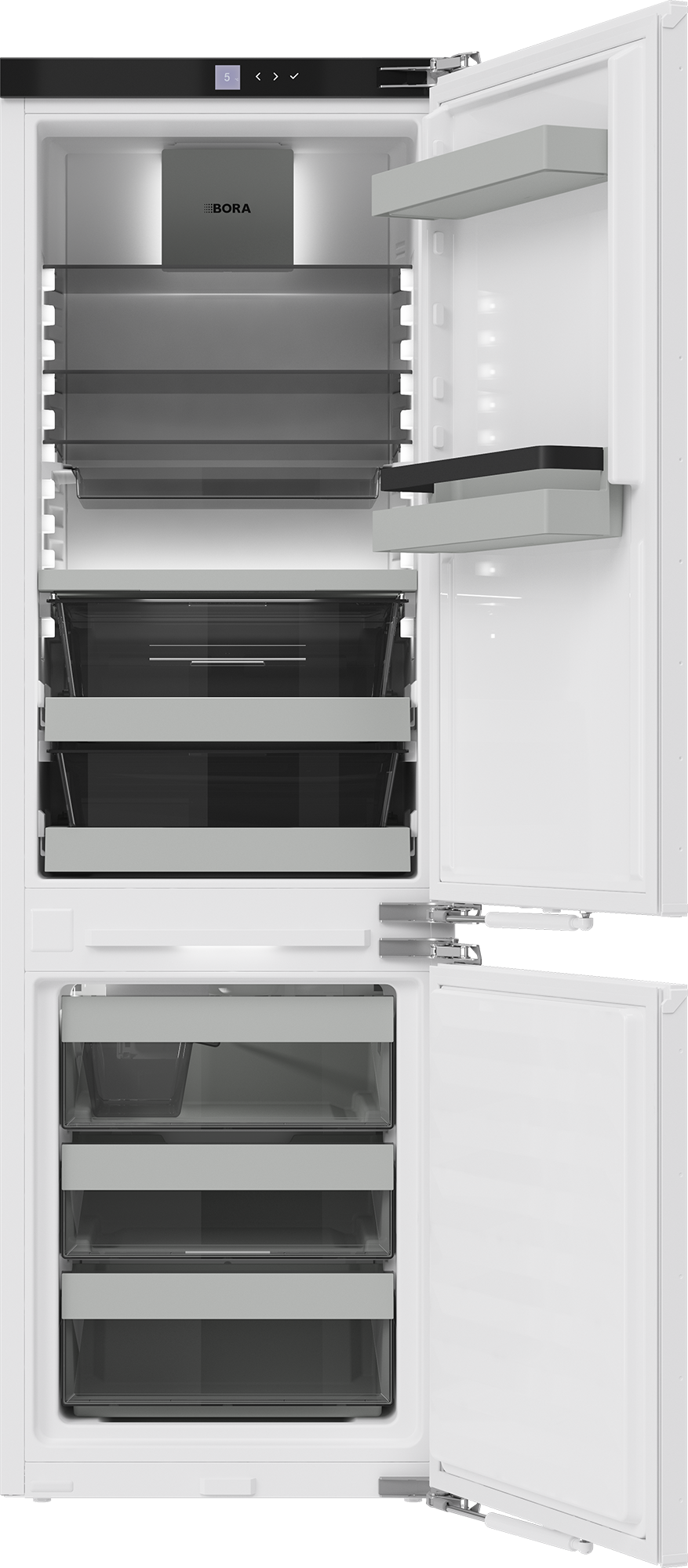 Intérieur du BORA Cool Combi C178KGW : réfrigérateur, Ice Maker et tiroirs de congélation