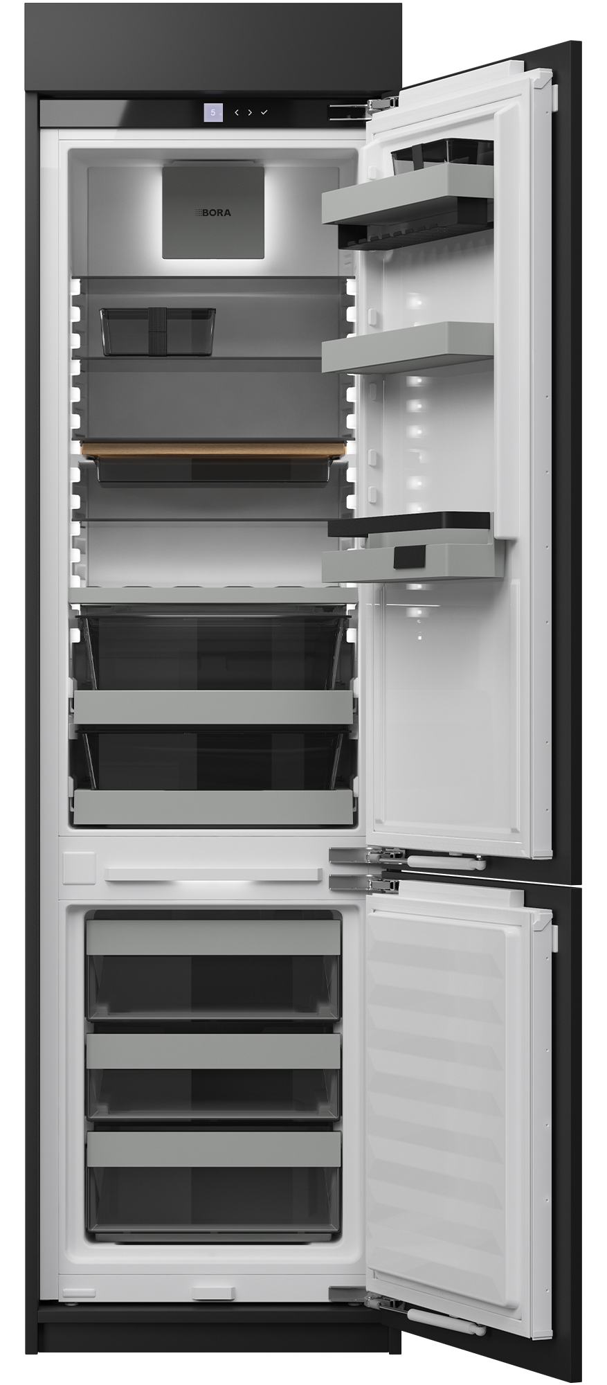 Intérieur du BORA Cool Combi XL C194KG : plaques en verre, bacs Fresh zero et tiroirs de congélation