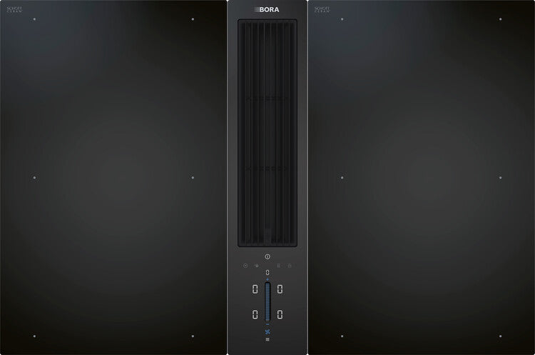 Set BORA Classic 2.0 All Black vu de dessus : deux tables induction et dispositif aspirant central