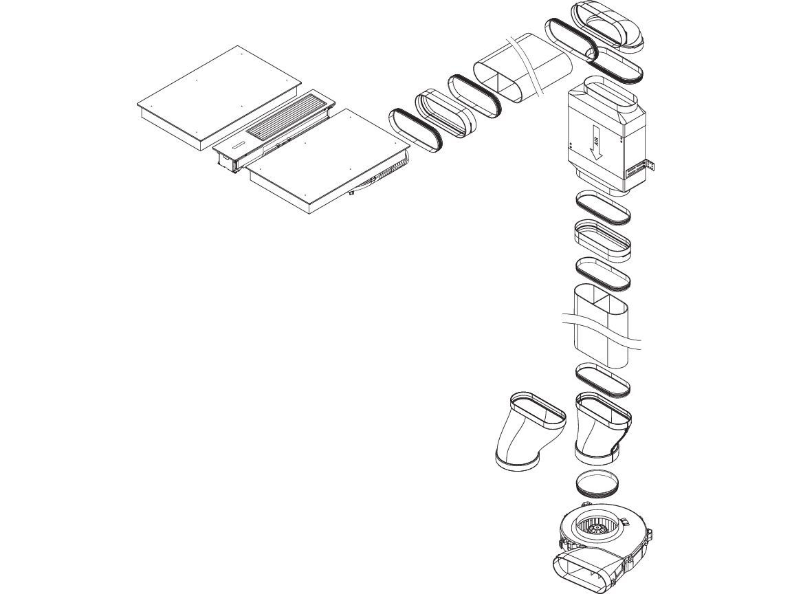 Vue éclatée du set BORA Classic 2.0 avec tables induction, dispositif aspirant et conduit
