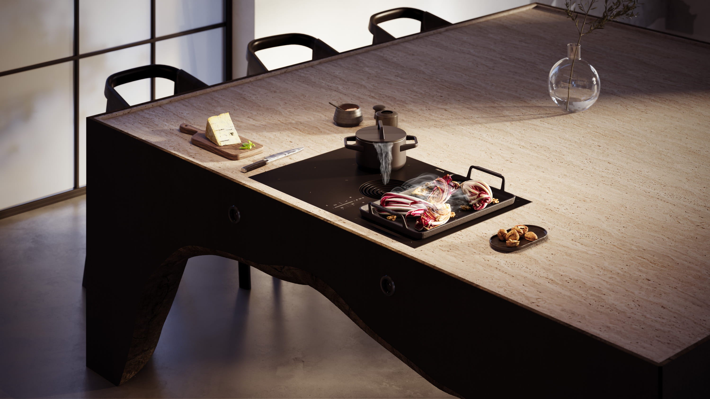 M PURE - Table de cuisson induction avec dispositif aspirant et Bora Assist (version recyclage) verre mat