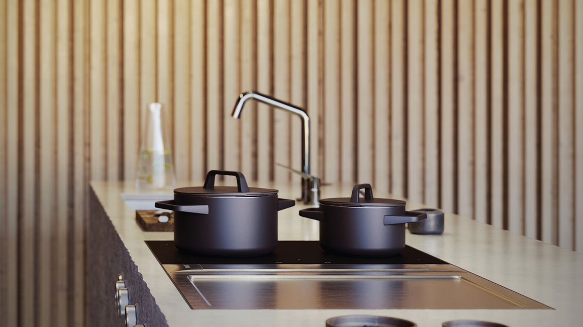 Set BORA Professional 3.0 Rough avec deux casseroles et un robinet moderne sur un îlot de cuisine