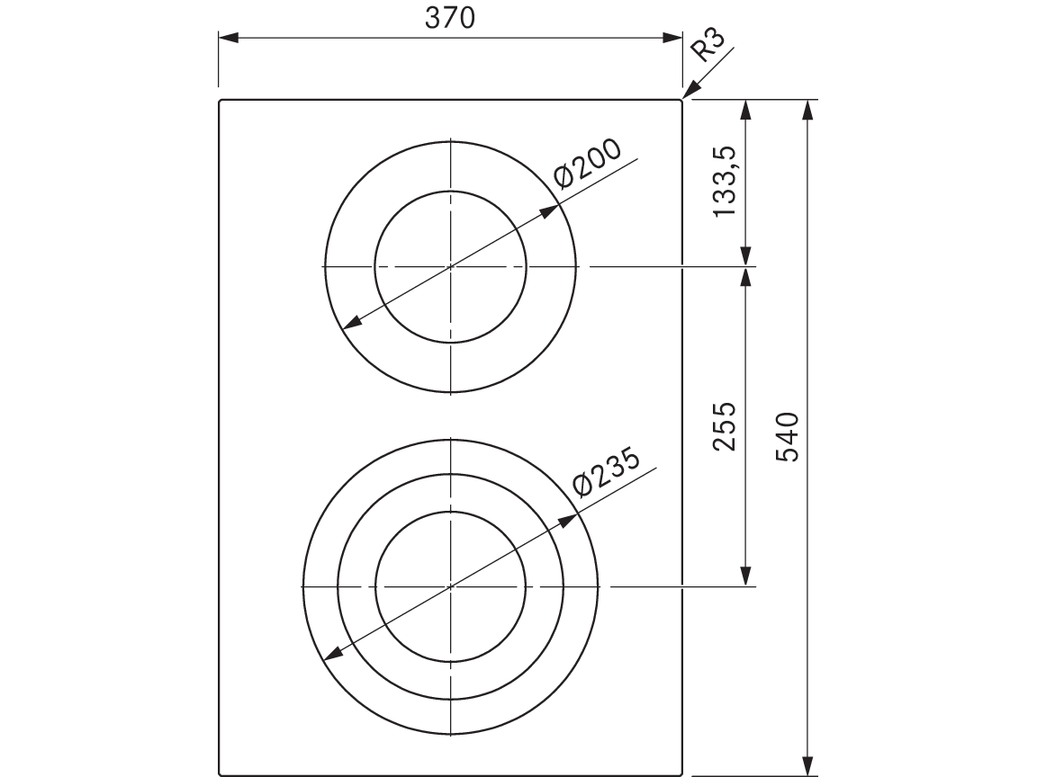Schéma vue de dessus de la table HiLight BORA Professional 3.0 PKC3 et de ses zones de cuisson