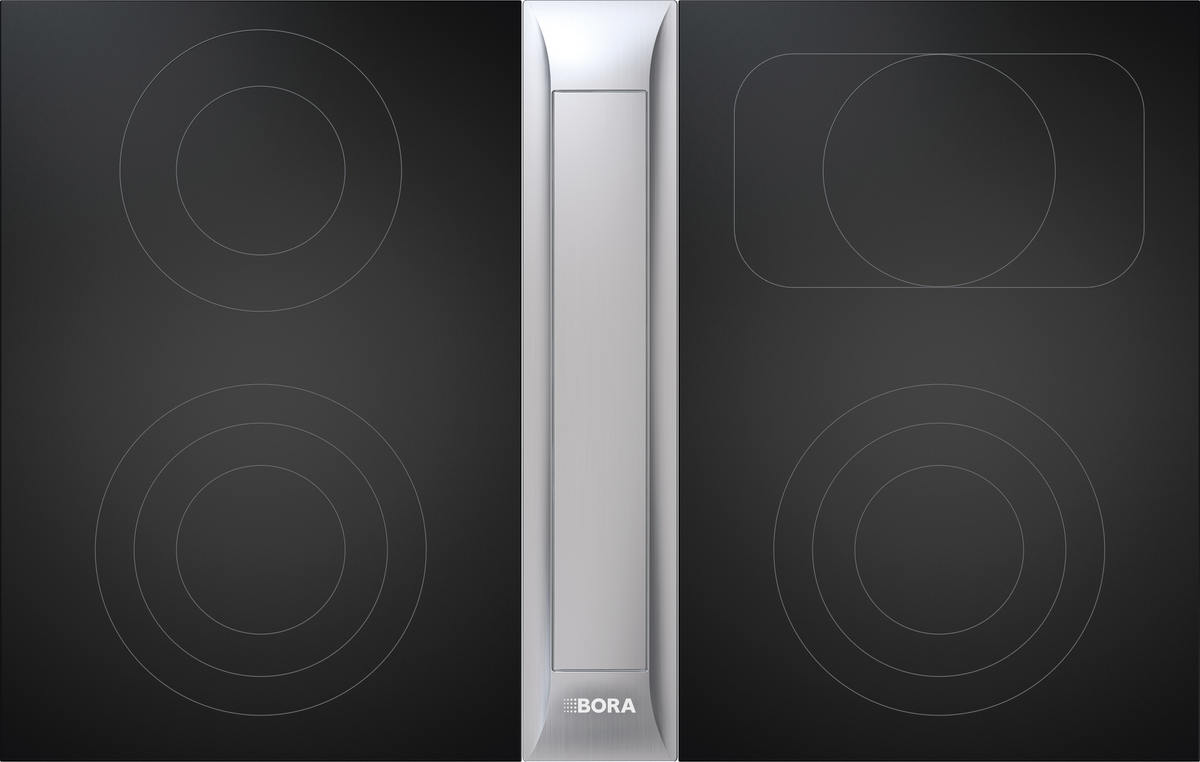 Tables HiLight BORA Professional 3.0 PKC3 et PKCB3 de part et d’autre du dispositif aspirant inox, vue de dessus