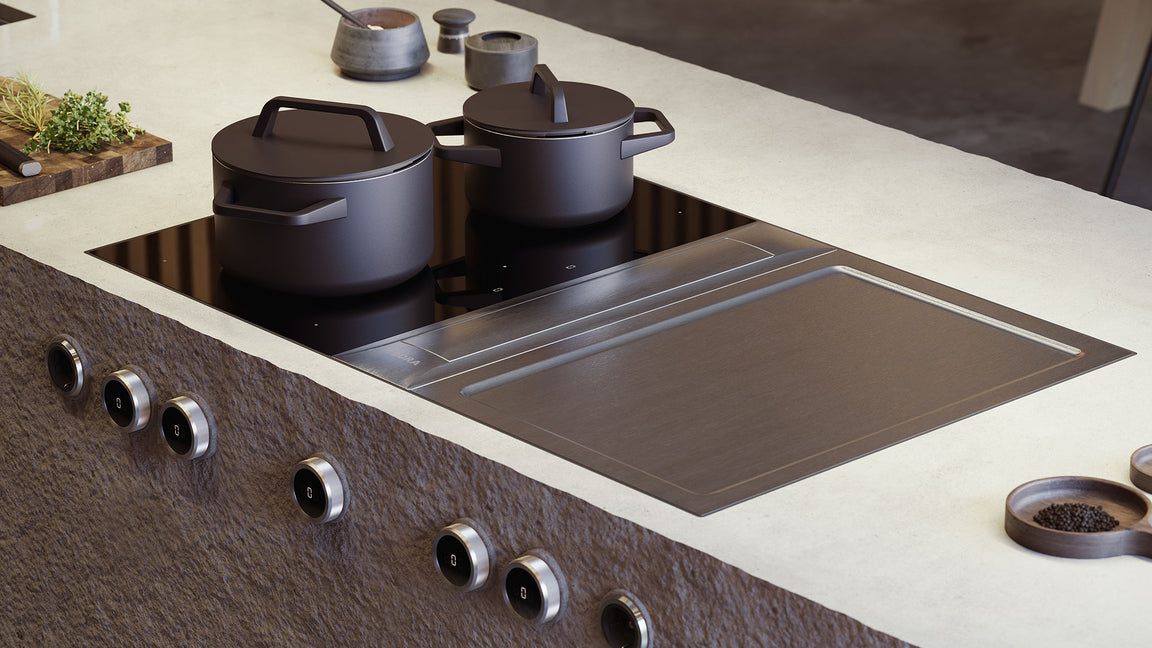 Système modulaire BORA Professional 3.0 associant table à induction, dispositif aspirant et teppanyaki inox