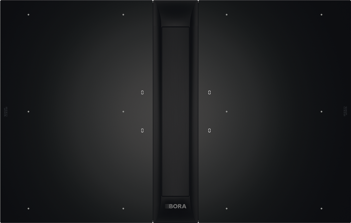 Système BORA Professional 3.0 All Black vu de dessus, dispositif aspirant noir entre deux tables de cuisson
