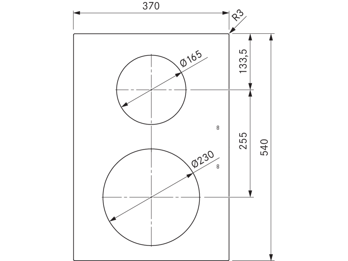 Schéma vue de dessus de la table à induction BORA Professional 3.0 PKI3 et de ses zones