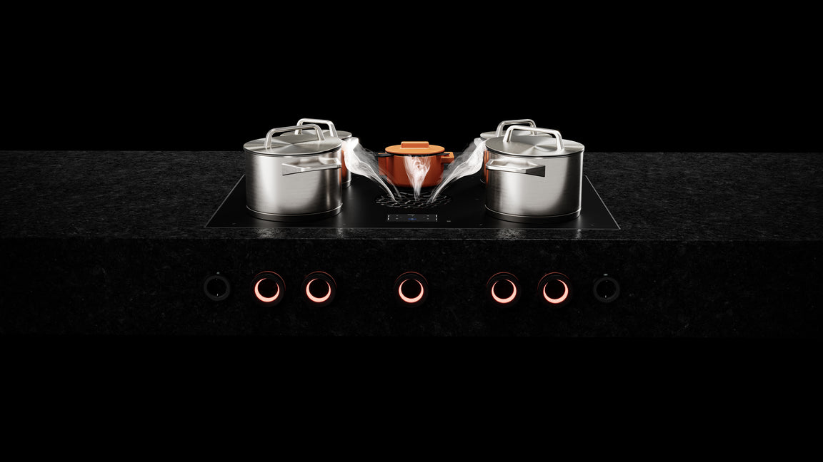 BORA X Pure Max vu de face avec deux casseroles et une poêle, boutons de commande lumineux en option