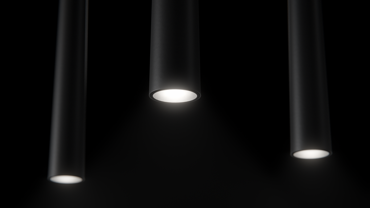 Trois faisceaux de lumière sous des tubes BORA Stars noirs
