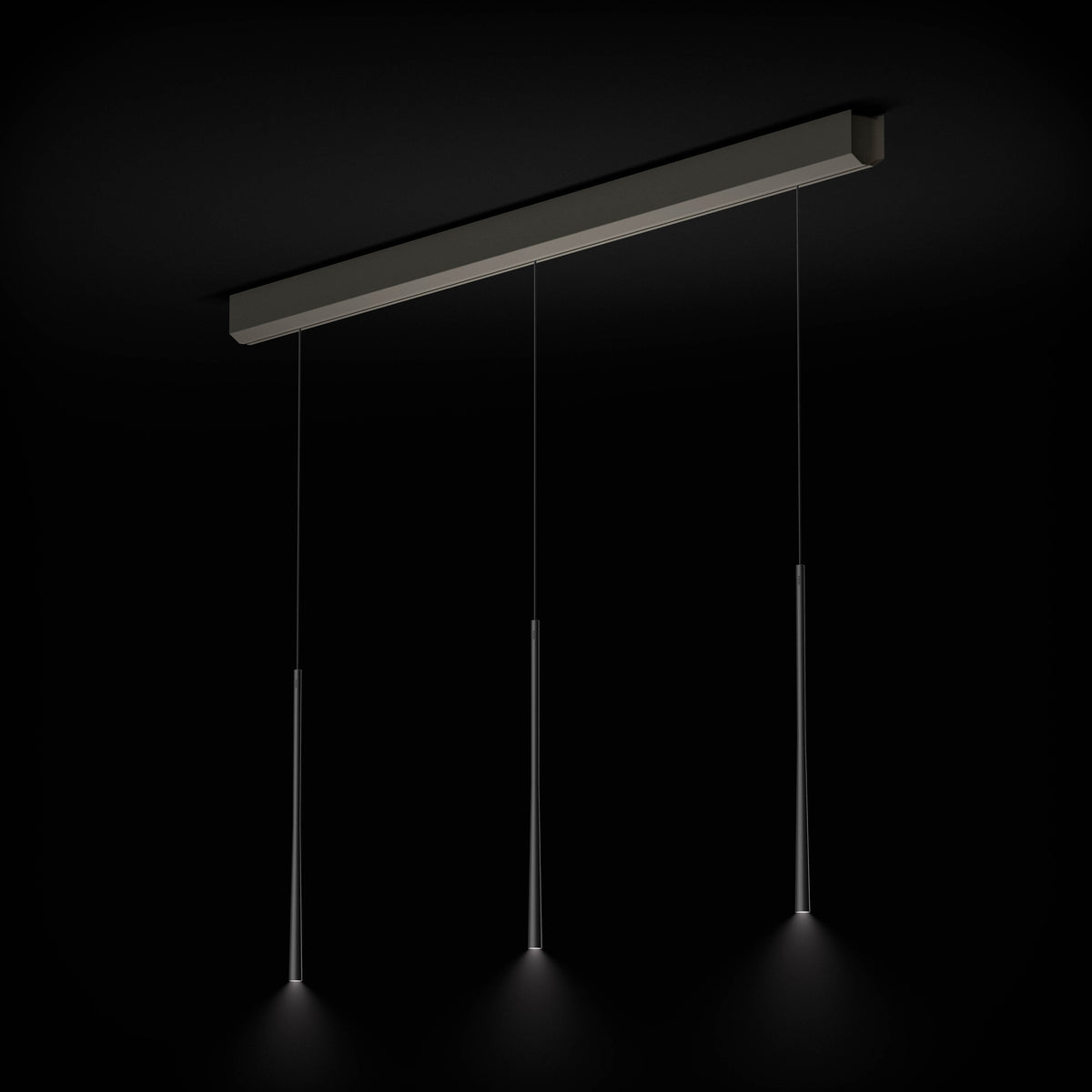BORA Stars 3 lampes linéaire noire avec son caisson de plafond, sur fond noir
