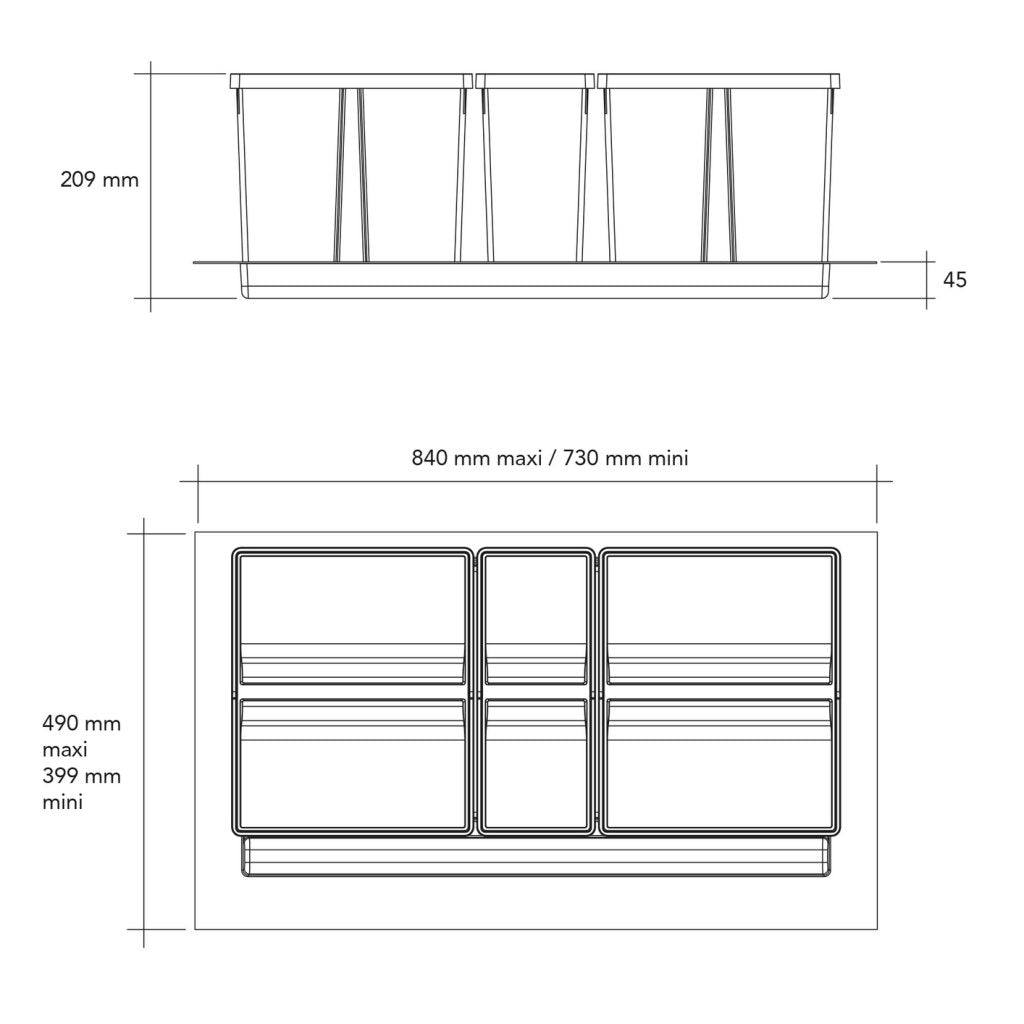 Collecteur composé de 3 seaux avec couvercles : 2 x 20L + 1 x 9L et d'1 séparateur de bac - pour tiroir de 900mm - H. 209mm - MSA 4949