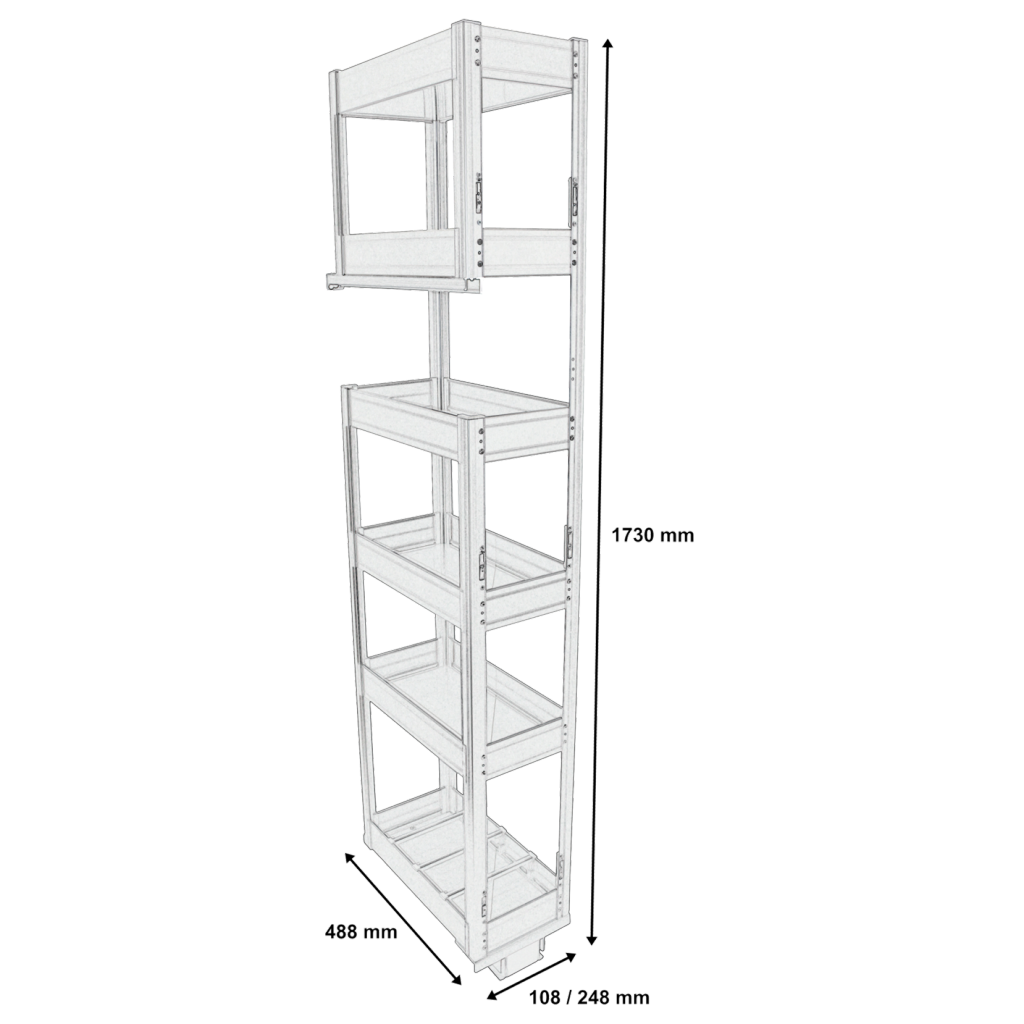 Colonne extractible 6 paniers pour meuble de 300mm - hauteur interne de 1730mm - finition aluminium