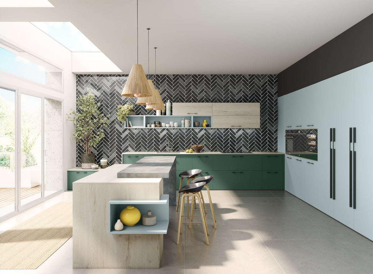 Cuisine CAMAÏEU et ADÉLIA Charles Rema, vert foncé, vert fjord et décor chêne