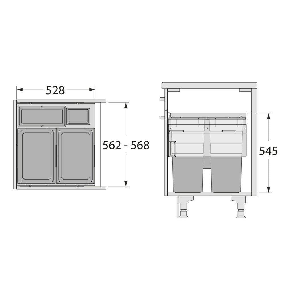 Poubelle grande capacité pour meuble de 600mm composée de 4 bacs avec couvercles : 2 x 38L + 1 x 12L + 1 x 2,5L - gris orion - H. 545mm - ouverture manuelle avec système SOFT