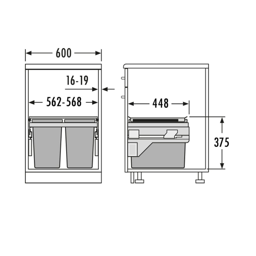 Poubelle pour meuble de 600mm composée de 2 bacs : 2 x 28L et d'1 couvercle fixe - l. 562 à 568 x P. 448 x H. 375mm - ouverture manuelle avec système SOFT-Gris orion