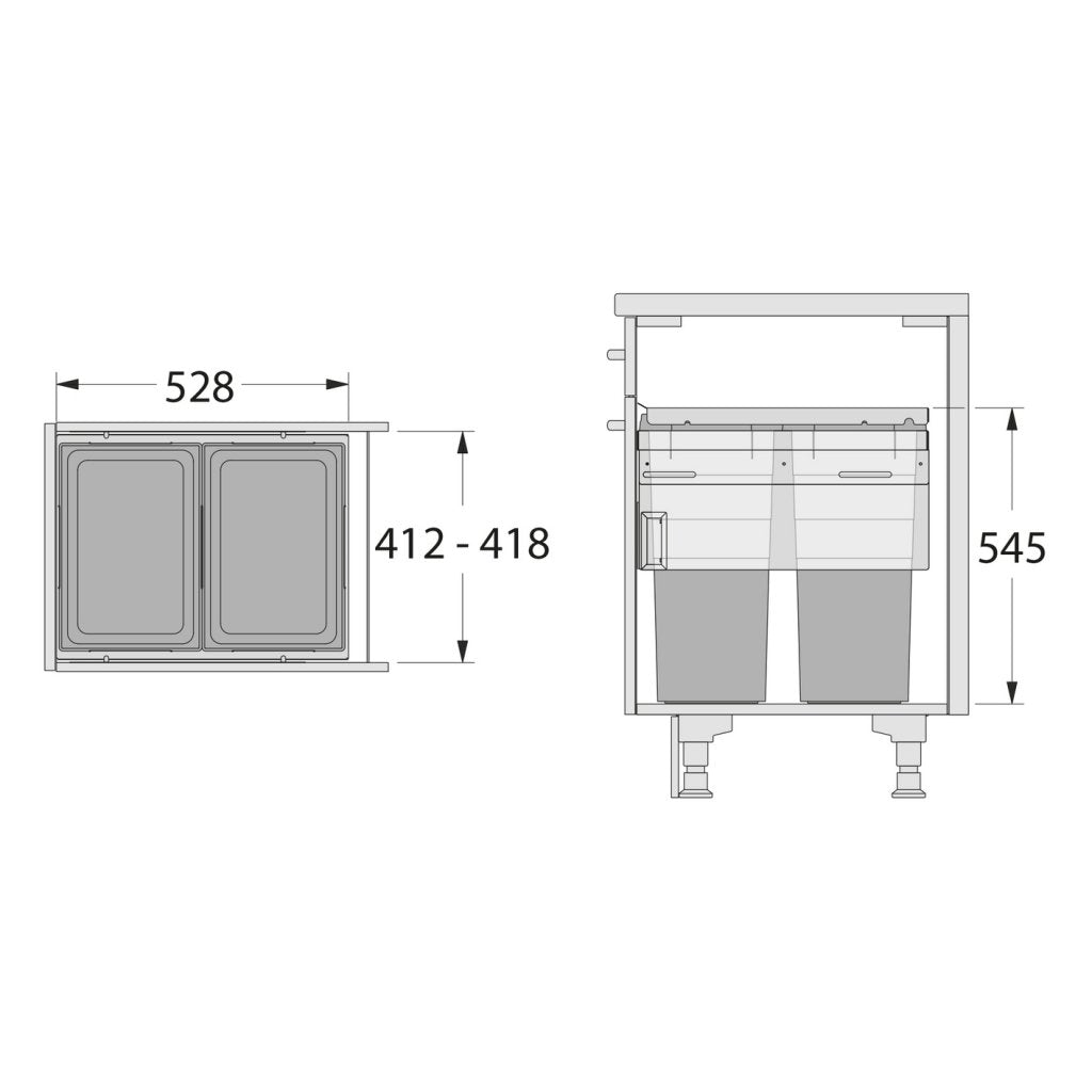 Poubelle pour meuble de 450mm composée de 2 bacs avec couvercles : 2 x 38L - gris orion - H. 545mm - ouverture manuelle avec système SOFT