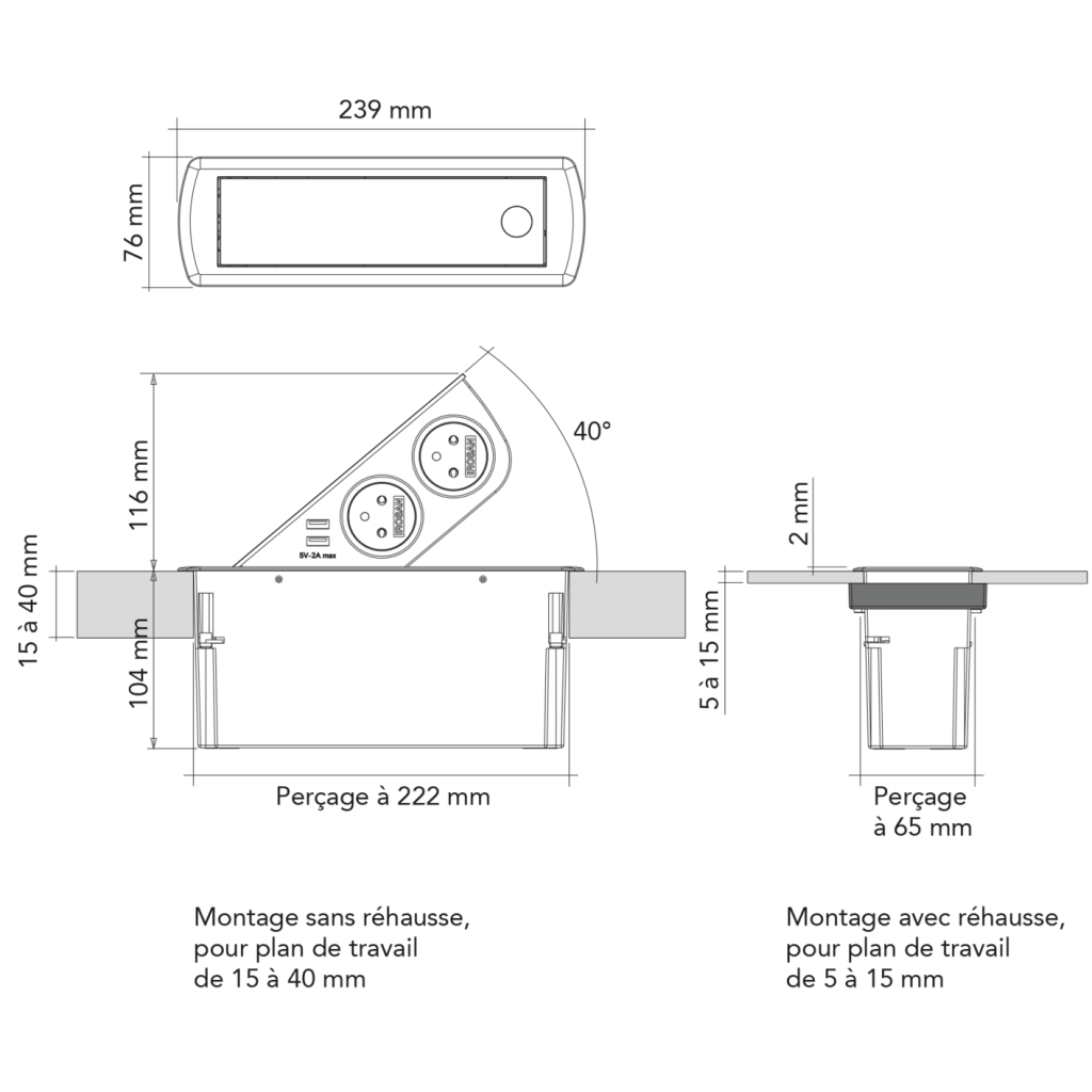 Bloc 2 prises + 2 USB (2A - 5V) CIZO affleurant à encastrer dans le plan de travail de 5 à 40mm (avec une réhausse incluse) - finition inox brossé - 16 A - 230V - 2P+T