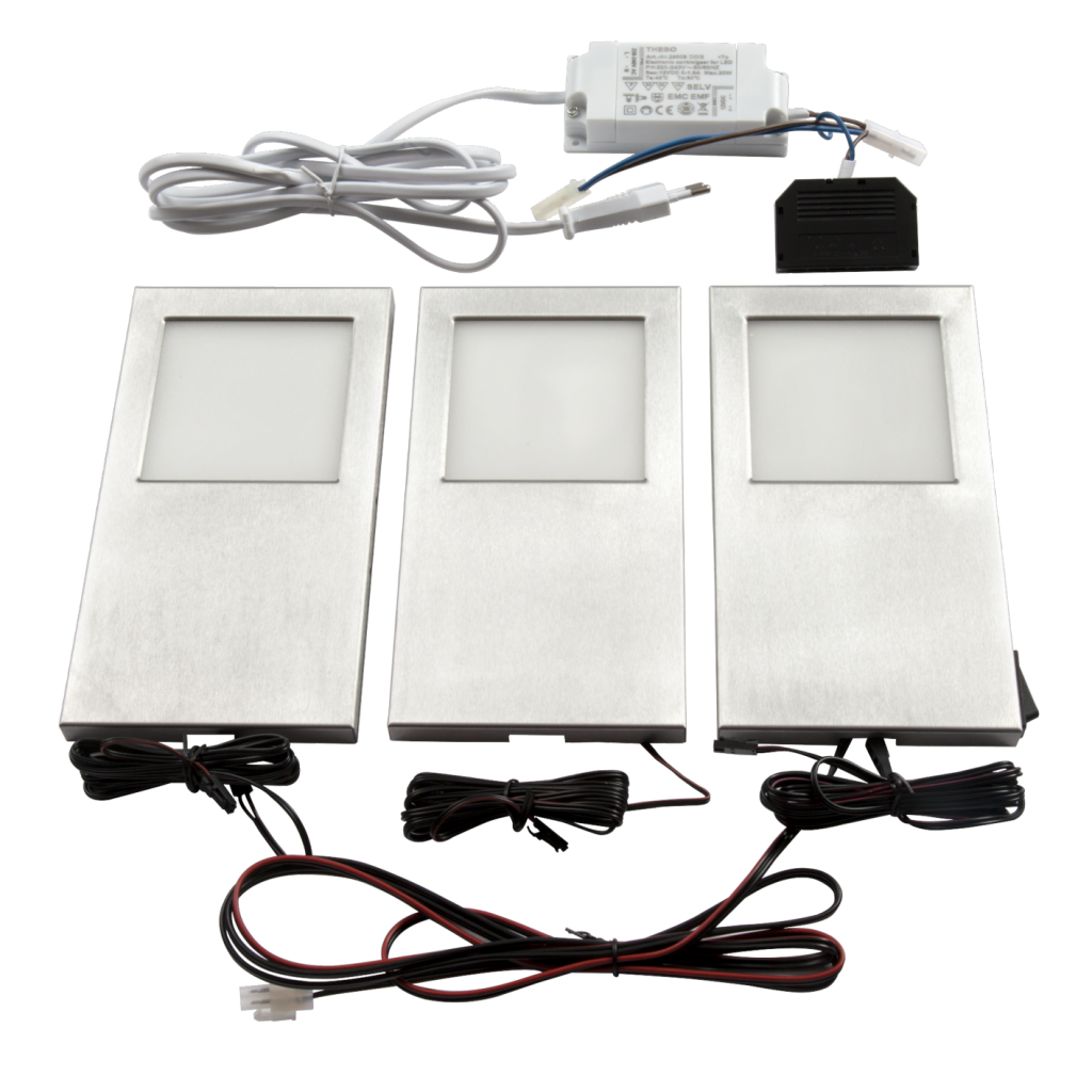 Kit de 3 profils LED (200 x 105 x 13) dont 1 avec interrupteur à bouton poussoir et 1 convertisseur - finition inox brossé - puissance 5,4W / 420lm - 12VDC - 3000K