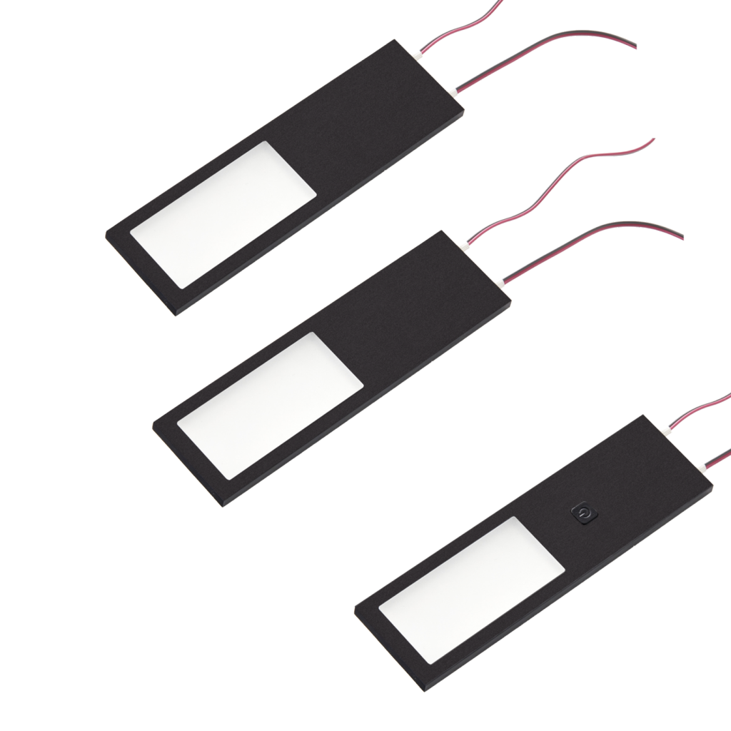 Kit de 3 profils LED extra-plats (175 x 50 x 7) dont 1 avec interrupteur et 1 convertisseur - finition noir - puissance 4W / 240lm - 12VDC - Avec variateur de température de couleur