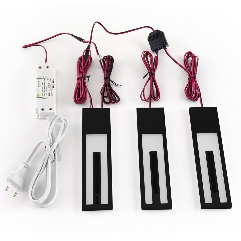 Kit de 3 profils ONE LED extra-plat Noir mat (200x50x8mm) dont 1 avec interrupteur infrarouge et variateur de température de couleur