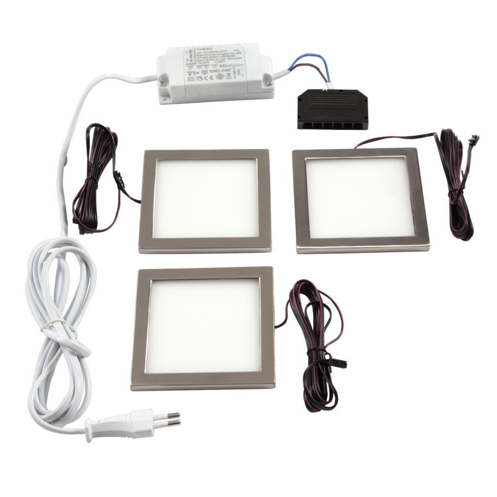 Kit de 3 spots LED L9050 et 1 convertisseur - finition inox brossé - puissance 5,4W / 420lm - 12VDC - 3000K