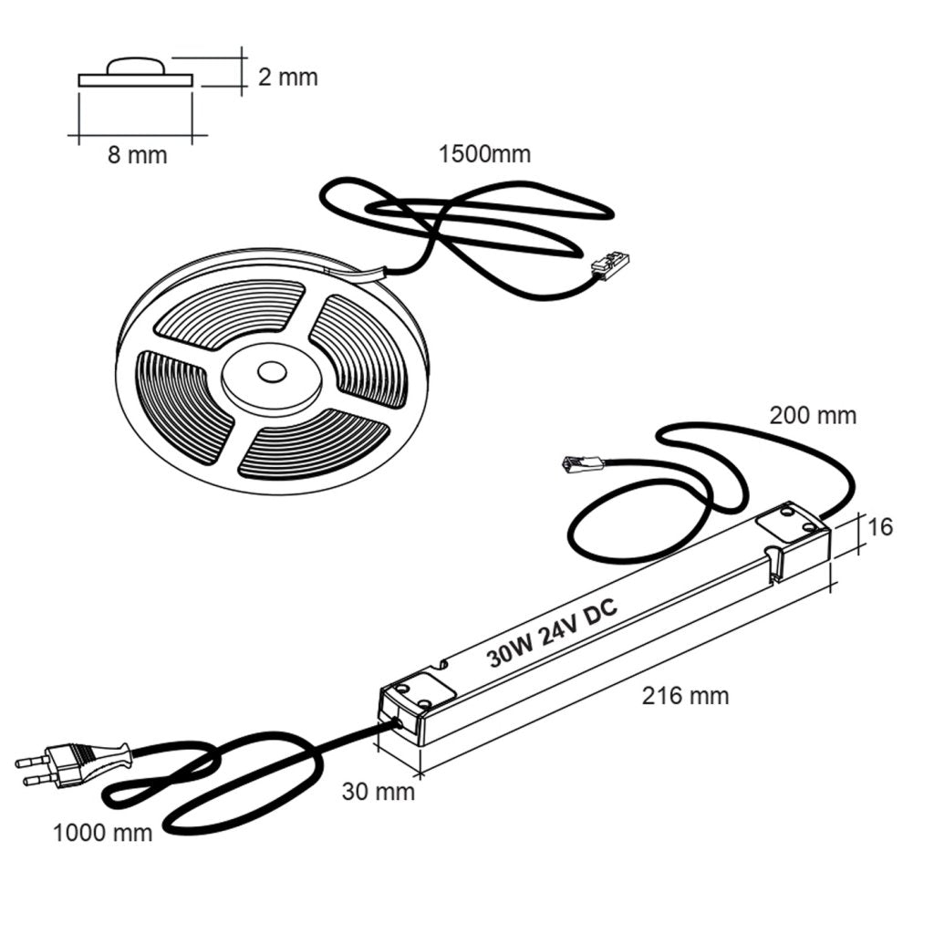Kit LED COB flexible en rouleau de 5m avec son convertisseur 30W et son câble d'alimentation de 1m - 3000K (blanc chaud) -5W/m