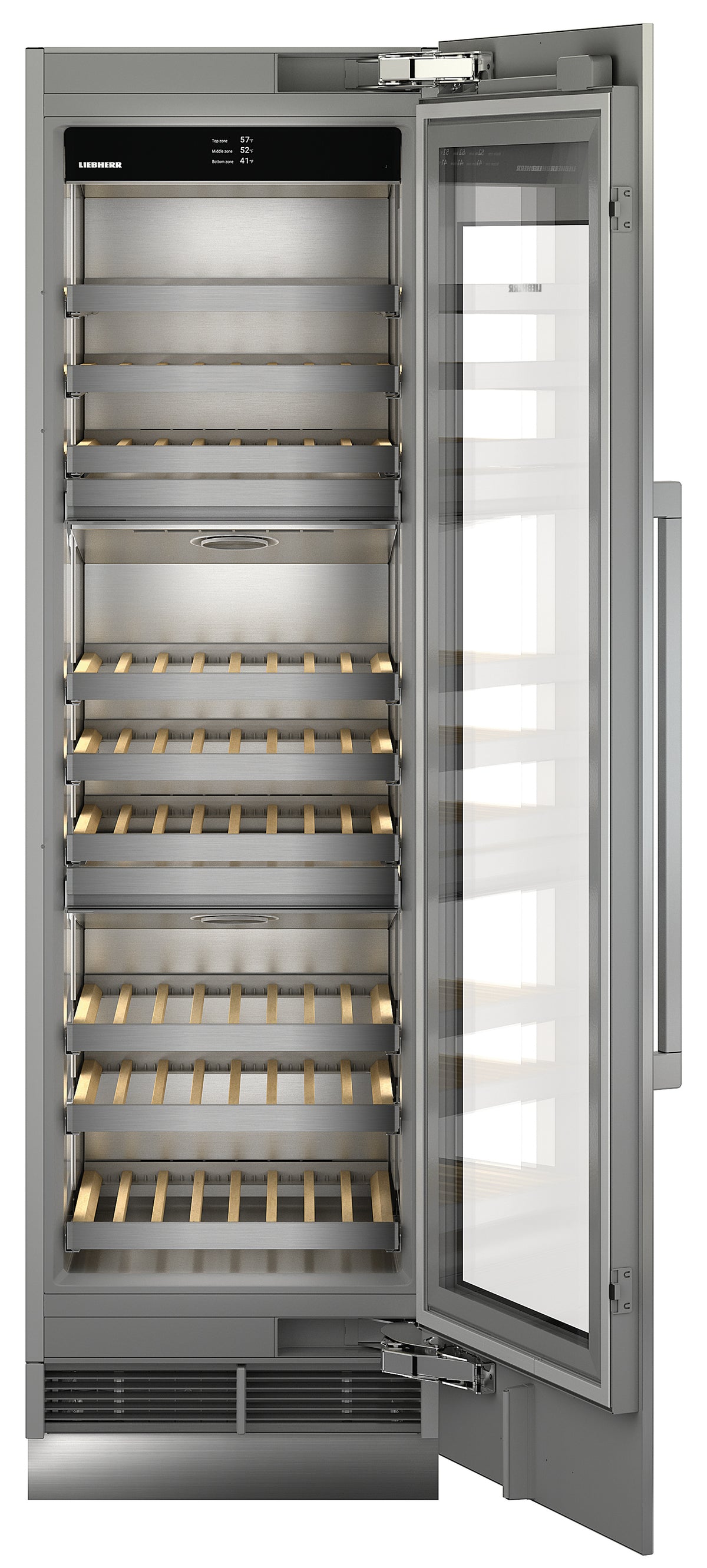 Cave à vin Liebherr Monolith EWPi 9670 ouverte de face, avec ses clayettes