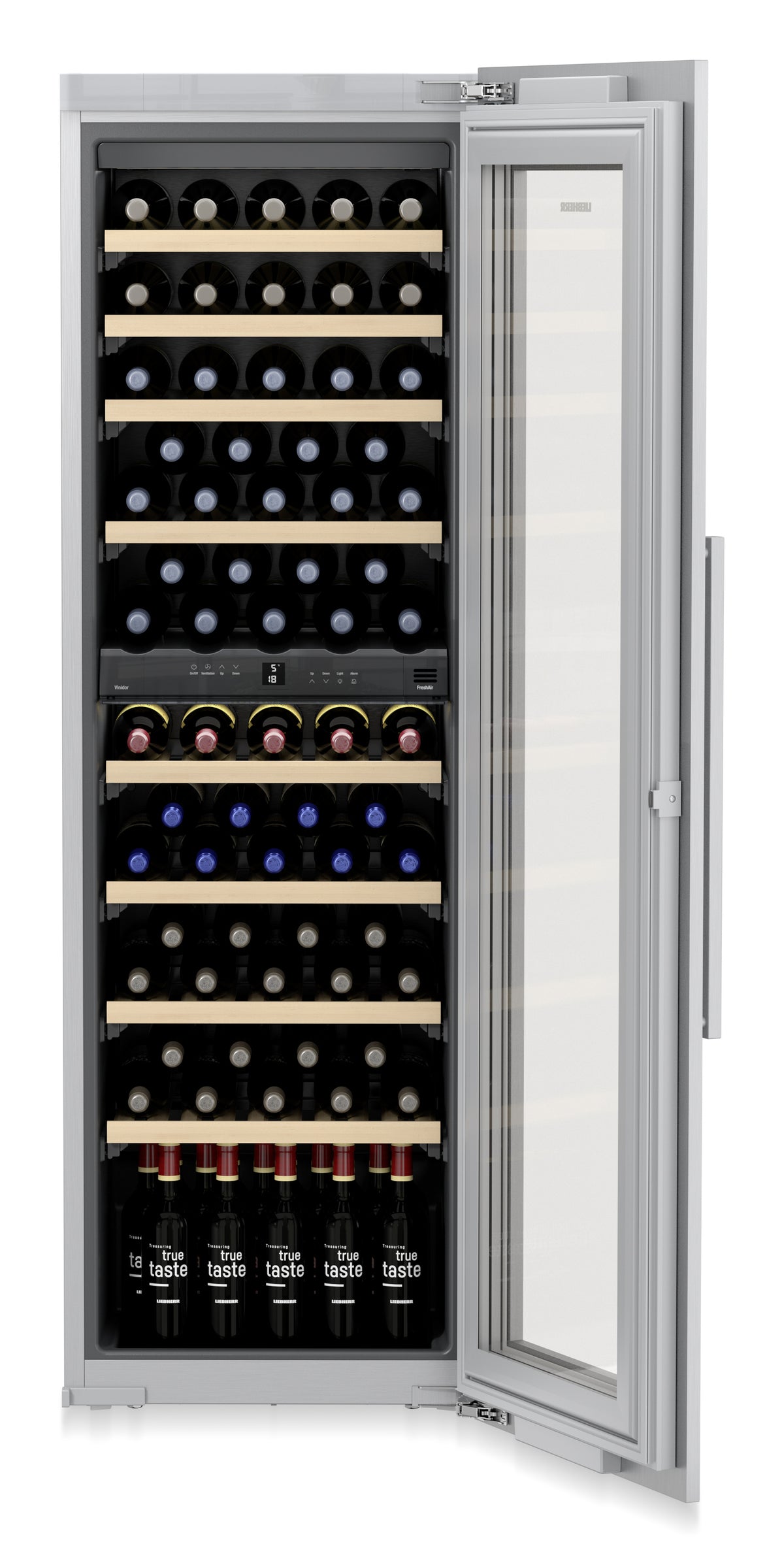 Cave à vin encastrable Liebherr EWTdf 3553, porte ouverte sur les bouteilles