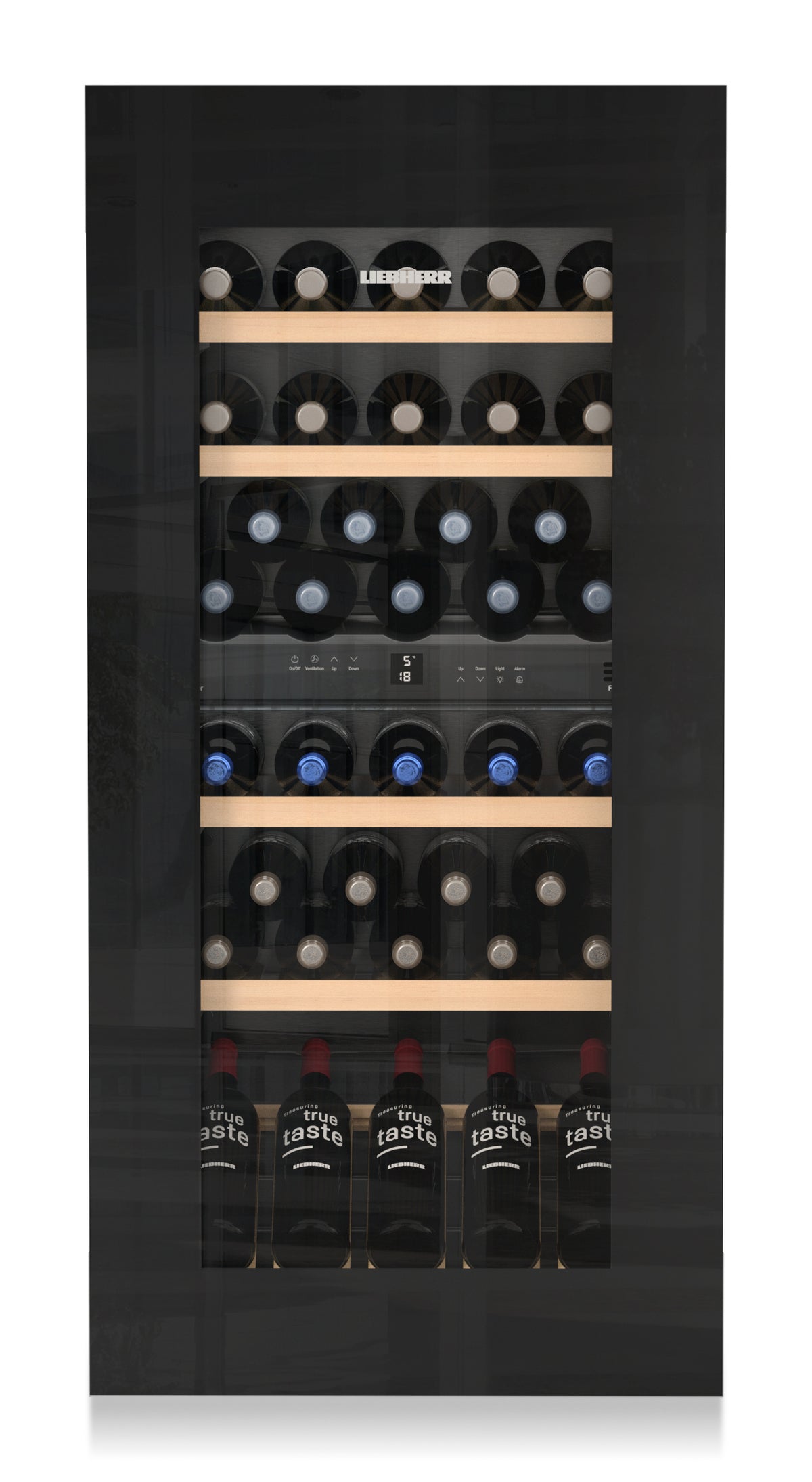 Cave à vin encastrable Liebherr EWTgb 2383 fermée, porte en verre noir, garnie