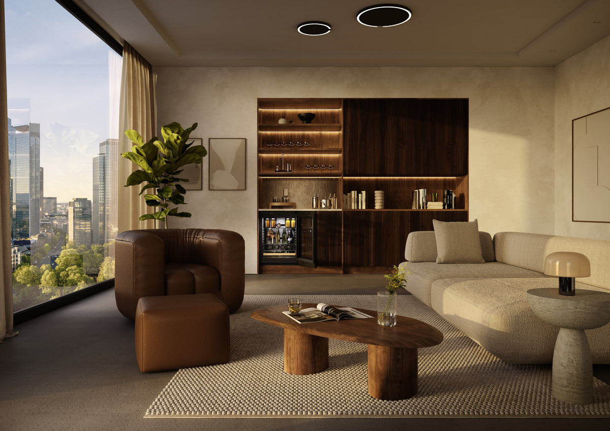 Réfrigérateur à boissons Liebherr encastré dans un meuble en bois d’un salon lumineux